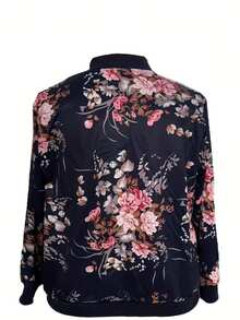 Plus Size Casual Baseball Collar Floral Print Jacket, Autumn - Navy Blue - View 3