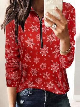 大码圣诞雪花印花半拉链连帽衫