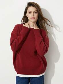 基本款纯色圆领落肩毛衣，秋冬休闲款 - 酒紅色 - 查看 3