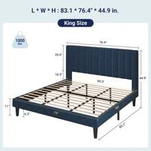 Allewie Velvet Upholstered Twin/Full/Queen/King Bed Frame With Vertical Channel Tufted Headboard / Sturdy Wooden Slats For Platform Bed Use / Mattress Foundation/Box Spring Optional / Easy Assembly – White/Black/Blue/Green/Pink * Bed Frame Queen Queen Bed Frame Bed Frame Full Full Size Bed Frame King Size Bed Frame Twin Bed Frame Room Decor Home Decor Christmas Decor Bedroom Decor Valentine Day Decor Storage Living Room Decor Furniture House Decor - 藍色 - 查看 11