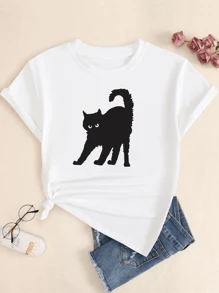 Basic T-Shirt Creepy Cat Women's Blouse Cotton Shirt Casual Comfort - 白色 - 查看 1