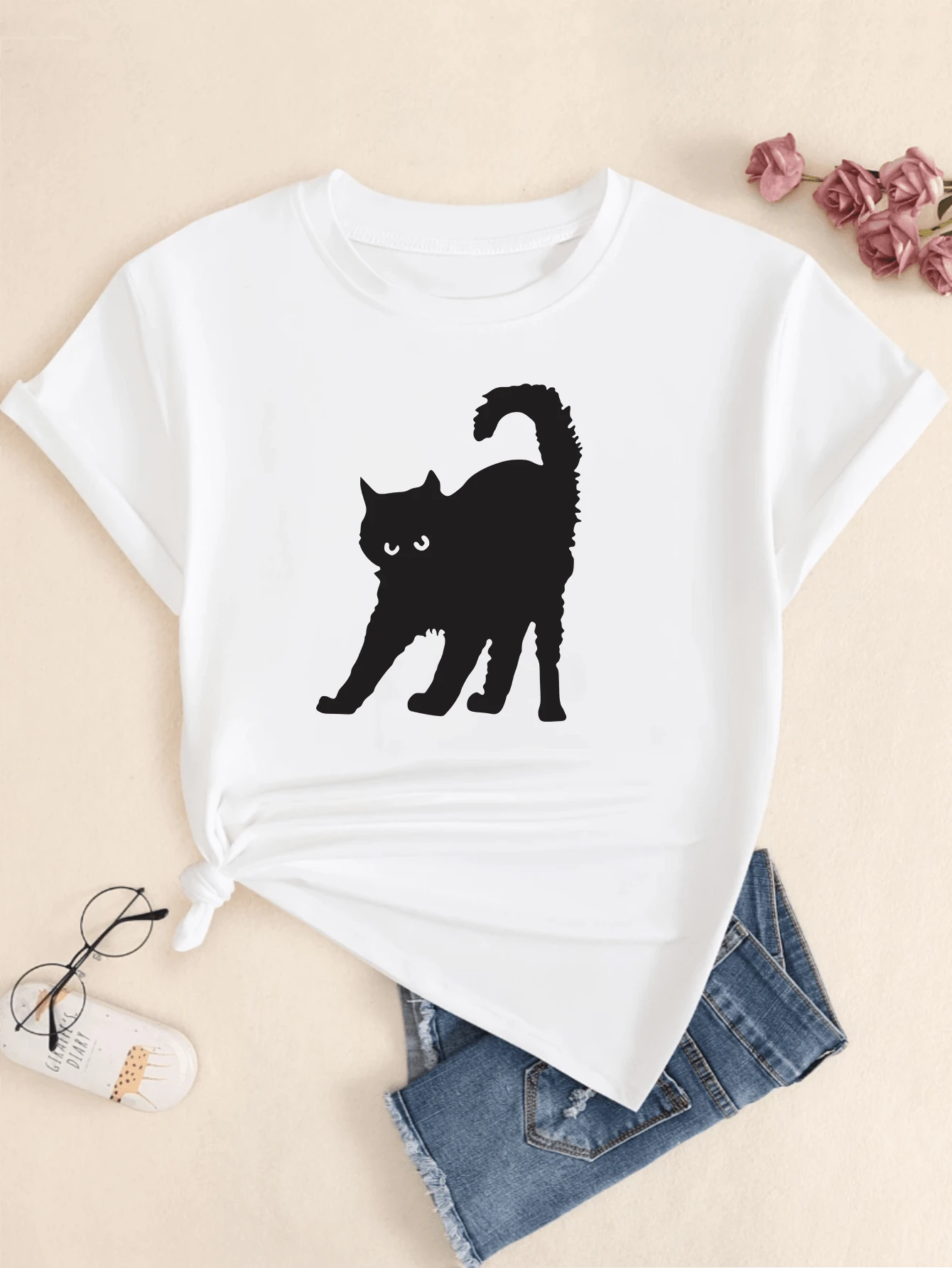 Basic T-Shirt Creepy Cat Women's Blouse Cotton Shirt Casual Comfort - 白色 - 查看 1