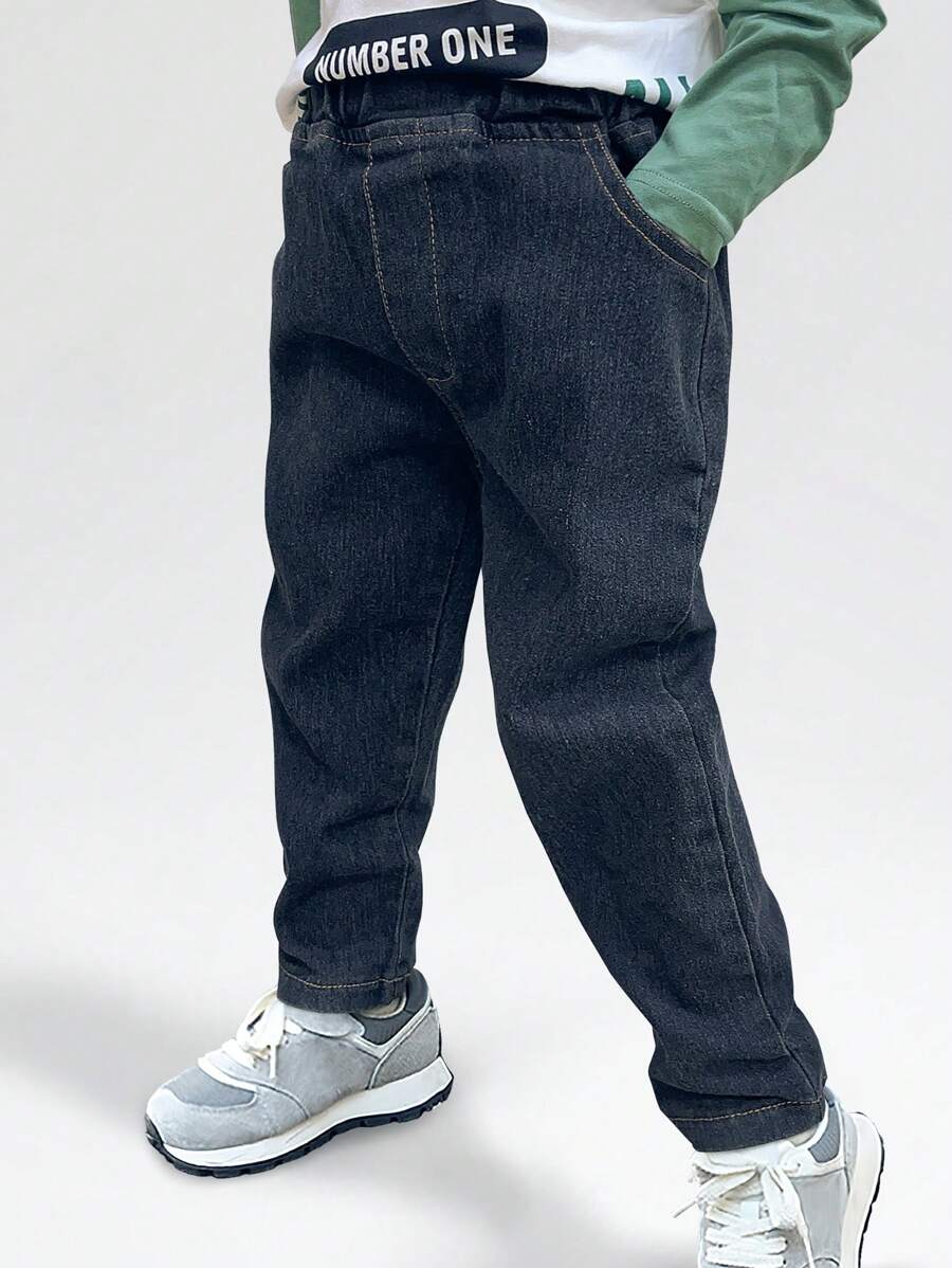 Young Boy Straight Leg Denim Jeans, Boys Casual Soft Elastic School Sports Pants, Spring Autumn
