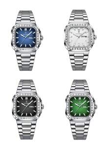 POEDAGAR 1块不锈钢方形表盘日期石英表，休闲防水夜光男士手表，时尚腕表，适合日常佩戴，男士礼物 - 均碼 - 查看 14