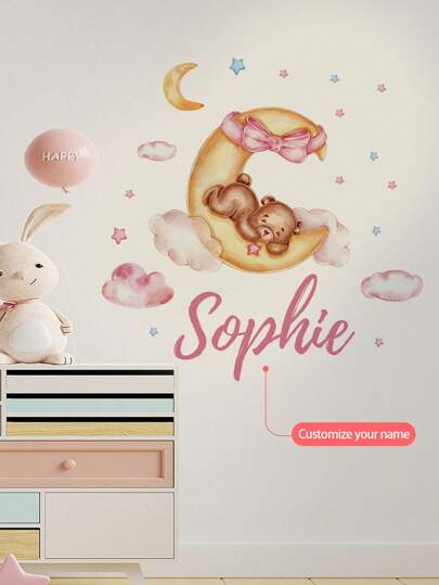 1 peça de 11,81 * 47,24 pol./15,74 * 47,24 pol. Adesivo de parede personalizado com texto, urso de pelúcia na lua, nuvens, estrelas, elefantes, pintura de desenho animado de dinossauro, pintura autoadesiva para casa, quarto, estudo, elegante, colorido, fofo, personalizado, presentes ideais exclusivos para ela, namorado, namorada, pai, família, mãe, amigos, animais de estimação, filho, alunos, filha, trabalhadores, escola, casa, escritório