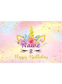 1pc Customized Rainbow Unicorn Happy Birthday Party Decoration Watercolor Floral Glitter Stars Photography Backdrop, Customizable Name And Age