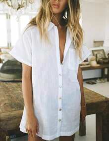 Swim Cover Up Shirt White Bubble Grid Short Sleeve Beach Bikini Cover Up With Pockets - White - View 1