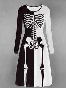 女式万圣节骷髅酸之旅印花长袖针织弹力连衣裙，休闲拼色印花 A 字长袖连衣裙，适合万圣节、节日派对、居家休闲装 - 黑與白 - 查看 2