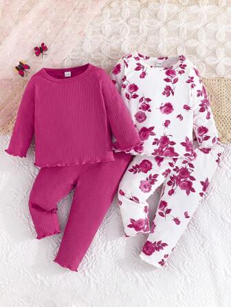 4 Pieces Set Girls Spring/Autumn Long Sleeve Round Neck Solid Color & Rose Print T-Shirt And Matching Rose Print Pants