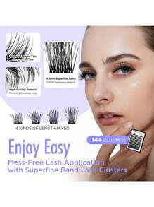 BEYELAN Lash Extension Kit, Lash Clusters Kit, D Curl DIY Lash Extension Kit With Lash Bond And Seal, Remover And Lash Applicator For Self Application At Home 144Pcs (719,Black)