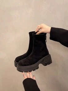 Chunky Sole Elevated French Elegant Flat Low Heel Ankle Boots For Women,Round Toe With Back Zipper, Thick Block Heel Waterproof Platform, Skinny Style, Fashionable Black Heeled Boots - Black - View 1