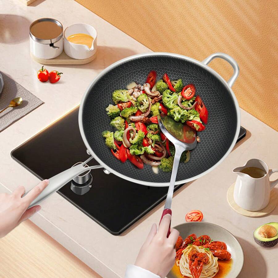13.4Inch Double Sided Screen Honeycomb Wok Non Stick Stainless Steel Kitchen Frying Pan With Nonstick Honeycomb Coating, Large Non Stick Skillet For Cooking, For Gas Stove, Induction Cooker, Ceramic Stove - 黑色 - 查看 1