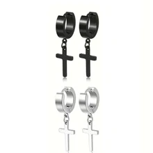 2 对不锈钢低敏感吊坠耳环时尚穿孔耳环黑色银色男士 - 吊墜耳環 - 查看 11