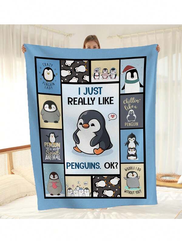 1 peça Manta de Flanela Macia e Fofinha com Estampa de Pinguim, Essencial Doméstico Antimicrobiano e Espesso, Adequado para Sofá, Cama, Sala de Estar, Viagem, Escritório como Xale, Manta para Cochilo, Manta para Ar-Condicionado, Cobertura de Cama, Presente Ideal para Todas as Ocasiões e Estações