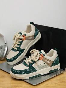 男士时尚拼色复古印花系带滑板鞋，学院风休闲街头运动鞋 - 米綠 - 查看 3