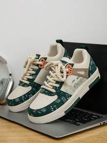 男士时尚拼色复古印花系带滑板鞋，学院风休闲街头运动鞋 - 米綠 - 查看 2