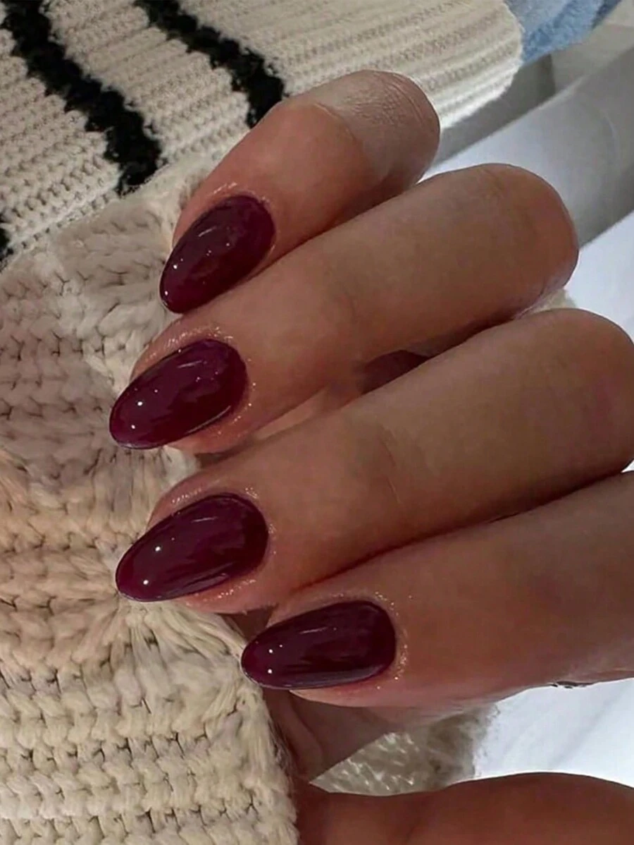 24Pcs Short Almond Shape Pure Dark Red Color Nail Sticker With 1Pc Scrub Stick And 1Pc Jelly Gel Press On Nails Nail Supplies Nails