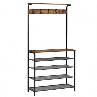  VASAGLE Clothes Rack, Hallway Tree With Shoe Storage, 5 Tier Shoe Rack, Different Height, 5 Double Hooks, Top Shelf, Dormitory In The Corridor Industrial Rustic Brown And Black