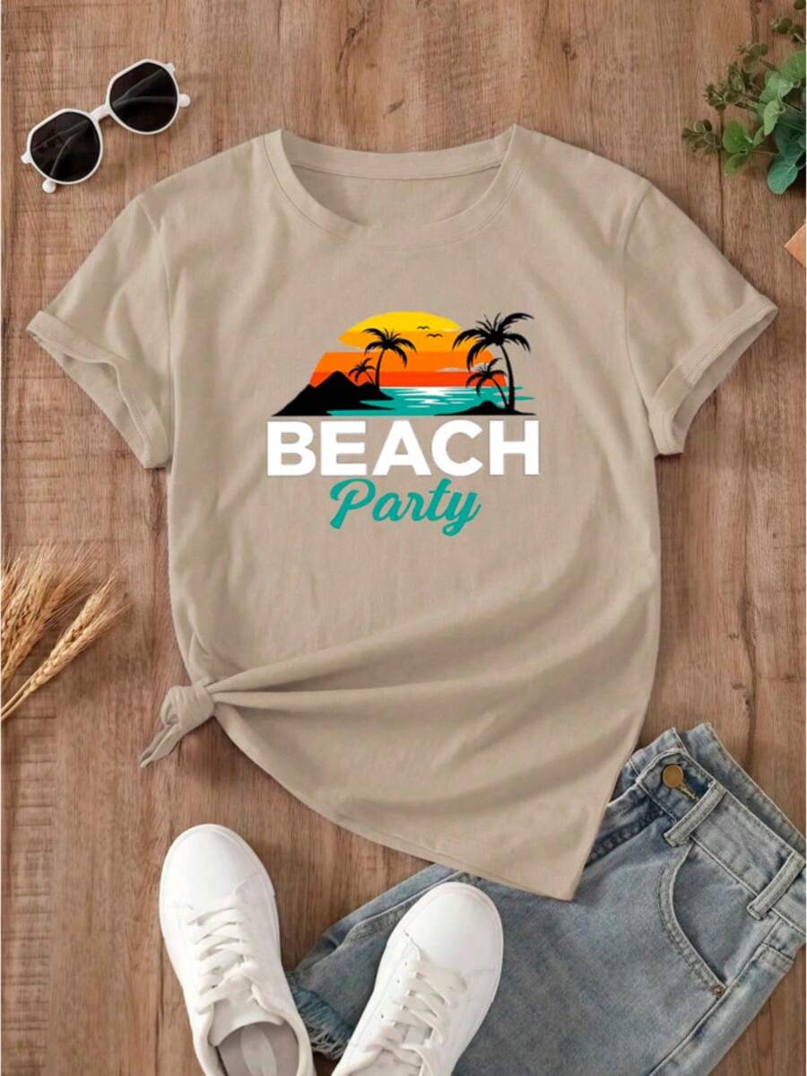 Women's Printed Beach Summer T-Shirt - 淺米色 - 查看 1