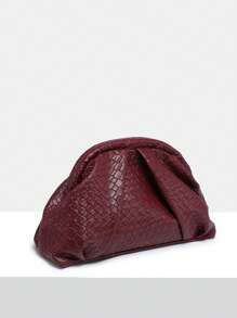 女士复古简约串珠亮片热带植物编织压花安哥拉红铆钉装饰大容量褶皱云夹手拿包，适合派对、郊游和日常穿着 - 酒紅色 - 查看 2