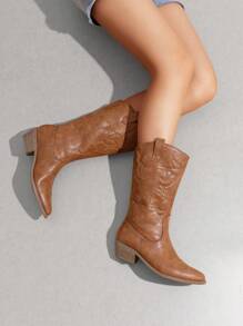 BURUDANI Women's Classic Western Cowboy Boots Slip-On Pointed Toe Embroidery Matching Dress Music Festival Party Farm Mid-Calf Camel Boots - 駝色 - 查看 7