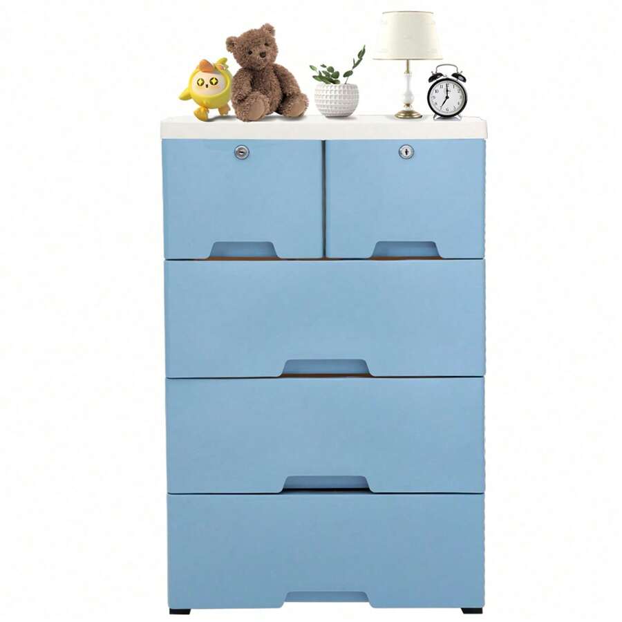 Futchoy Cassettiera in plastica con 6 cassetti, Organizzatore per cassetti in plastica con 4 ruote, Armadietto alto in plastica Guardaroba verticale per bambini Ragazze Ragazzi Cameretta per neonati (Blu) - Blu - Visualizzare 1