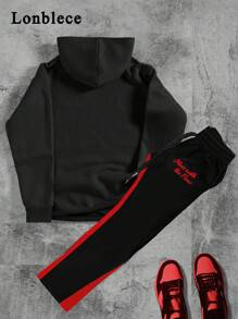 Lonblece 2pcs/Set American Style Hand-Painted Cartoon Portrait Print Knit Hoodie Sweatshirt With Sweatpants For Men, Autumn - Black - View 2