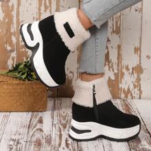 2024 New Winter Hidden Wedge Snow Boots For Women, Plush Lined Warm Anti-Slip Thick Sole Short Boots With Chunky Heels
