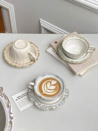 1 件复古裂纹釉陶瓷咖啡杯碟，优雅蕾丝边缘，烟熏蓝宫廷风格，适合早餐燕麦片、酸奶、下午茶、咖啡拿铁、甜点、蛋糕、礼物