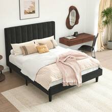 Allewie Velvet Upholstered Twin/Full/Queen/King Bed Frame With Vertical Channel Tufted Headboard / Sturdy Wooden Slats For Platform Bed Use / Mattress Foundation/Box Spring Optional / Easy Assembly – White/Black/Blue/Green/Pink * Bed Frame Queen Queen Bed Frame Bed Frame Full Full Size Bed Frame King Size Bed Frame Twin Bed Frame Room Decor Home Decor Christmas Decor Bedroom Decor Valentine Day Decor Storage Living Room Decor Furniture House Decor - 黑色 - 查看 3