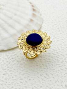 Mazuer 1 Stück vintage goldfarbener vielseitiger eleganter modischer saphirblauer Blatt Blumen doppelseitiger Tropfen Öl Baumstumpf Schmuck Ring, modisches Accessoire Geschenk für Frauen, geeignet für Strand, Party, täglichen Weg zur Arbeit, Urlaub