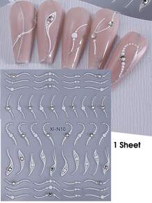 1/2 张法式美甲贴纸 3D 自粘线条弧形条纹设计，镶嵌水晶水钻，女士亚克力简约法式美甲装饰贴，美甲用品 - 白色 - 查看 10