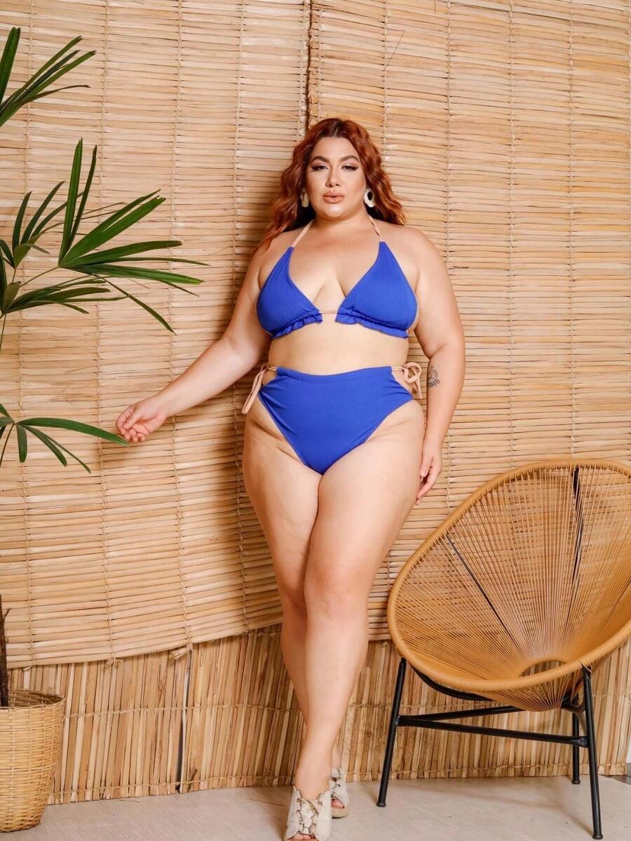 Plus Size Bikini, One Size Fits Sizes 46 To 52, With Lining And Cups, Plain, Plus Fashion, Hot Weather, Special Size, Beach Fashion, Swimming Pool, Summer - 藍色 - 查看 1