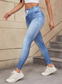 1 件数码印花紧身牛仔裤，运动紧身裤 - 藍色 - 查看 1