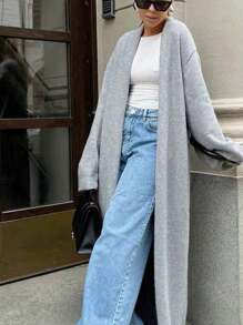 Cardigan maxi de punto acanalado gris, esencial de otoño 2025 para mujer - Silueta holgada y suelta, manga larga, chaqueta lavable - Prenda básica de vestuario de transición, aprobada por celebridades y blogueros - Ropa de mujer para otoño, atuendos para maestras, ropa urbana para mujer