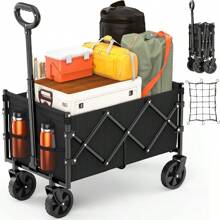 Nadonli Foldable Wagon With Wheels, Portable Heavy Duty Collapsible Beach Cart - Large Capacity Utility Wagon For Shopping, Sports, Camping,Garden,Grocery - Black