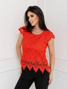 Women's Imported Top, There Are Two Layers Of Fabric, The First Layer Is A Hollow Jianying Design, Lined Before And After, And The Lower Body Is A Pleated Edge Design, The Model Number Is CMZ214. - 紅色 - 查看 5