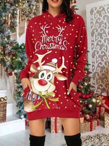 Damen Maxikleid mit langen Ärmeln, Weihnachtsdruck, Kapuze, Herbst/Winter, Langarm Oberteil