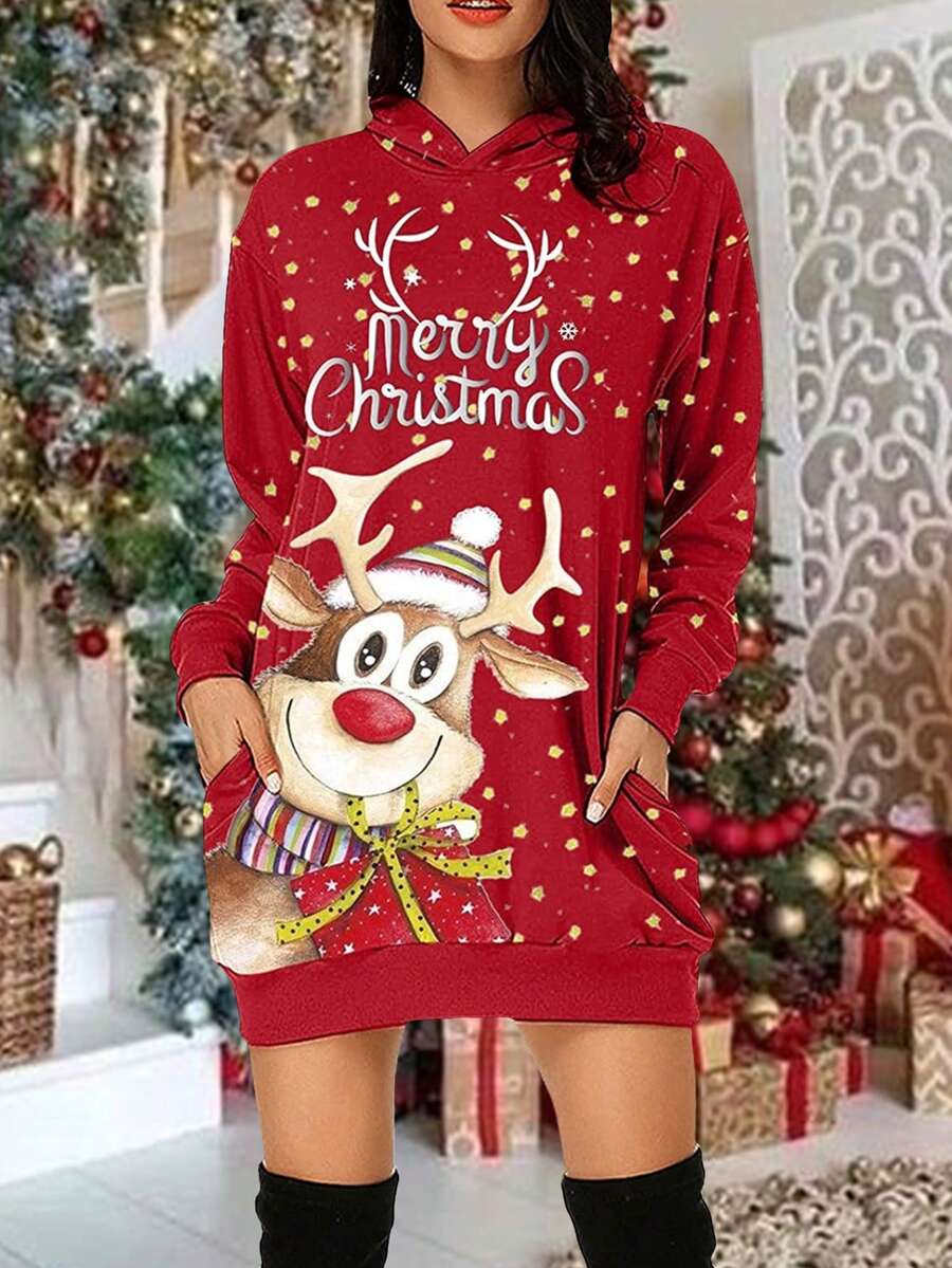 Damen Maxikleid mit langen Ärmeln, Weihnachtsdruck, Kapuze, Herbst/Winter, Langarm Oberteil