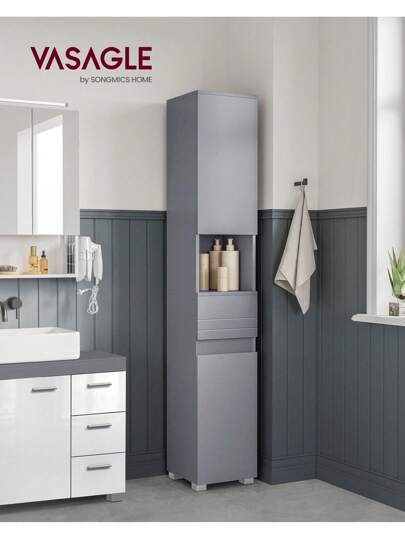  VASAGLE Tall Bathroom Cabinet, Slim Storage Cabinet, Narrow Cupboard, Bathroom Storage Unit, With A Drawer, Adjustable Shelves, 30 X 30 X 170 Cm, Mystic Grey