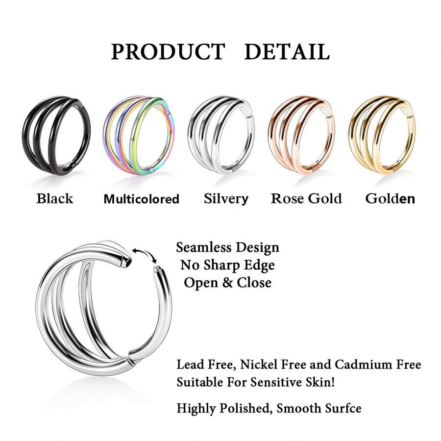 1 pieza Aro triple para septum de acero inoxidable hipoalergénico de 16G con cierre a presión, joyería de perforación para nariz, labio, cartílago, concha, hélix, daith, trago, lóbulo, root y anillo para el ombligo, de 8 mm y 10 mm, para mujeres y hombres