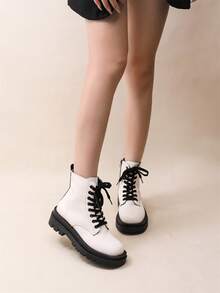 2024 New Chunky Heel Mid-Heel Square Toe Lace-Up White Casual Boots, White Ladies Moto Boots - White - View 6