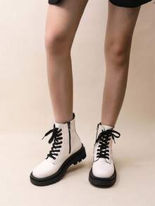 2024 New Chunky Heel Mid-Heel Square Toe Lace-Up White Casual Boots, White Ladies Moto Boots - White - View 5