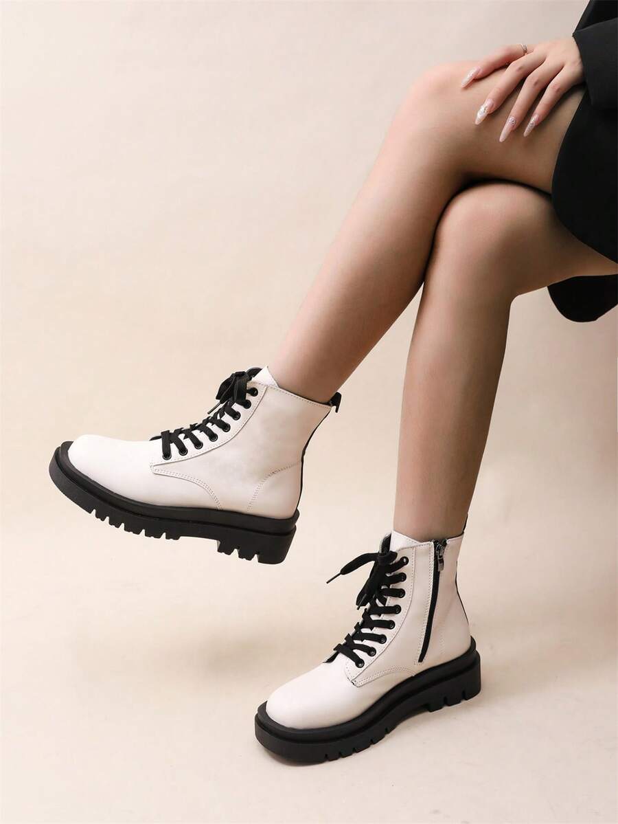 2024 New Chunky Heel Mid-Heel Square Toe Lace-Up White Casual Boots, White Ladies Moto Boots - White - View 1