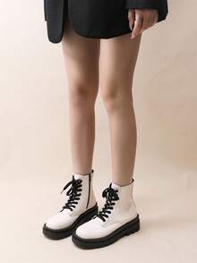 2024 New Chunky Heel Mid-Heel Square Toe Lace-Up White Casual Boots, White Ladies Moto Boots - White - View 4