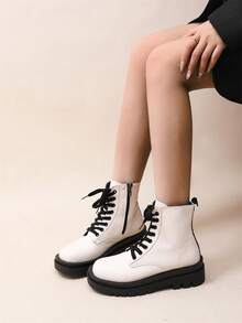 2024 New Chunky Heel Mid-Heel Square Toe Lace-Up White Casual Boots, White Ladies Moto Boots - White - View 2