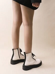 2024 New Chunky Heel Mid-Heel Square Toe Lace-Up White Casual Boots, White Ladies Moto Boots - White - View 7