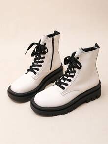 2024 New Chunky Heel Mid-Heel Square Toe Lace-Up White Casual Boots, White Ladies Moto Boots - White - View 8