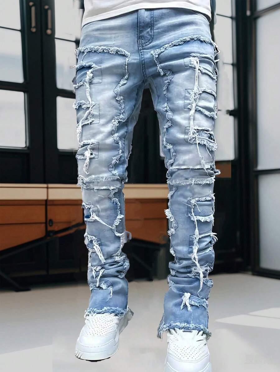 Men's Fashion Streetwear Creative Layered Fringe Detail Jeans, Emo Style - Medium Wash - View 1