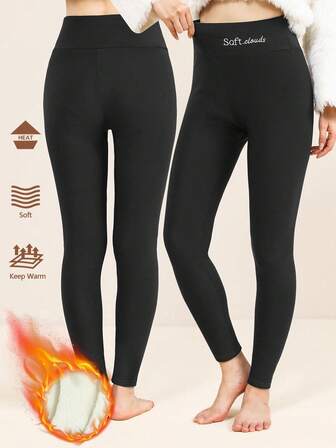 Damleggings med hög midja, termofodrade, polyesterblandning, stickat tyg, maskintvättbara, avslappnad minimalistisk stil, ankellånga smala byxor för vintertights